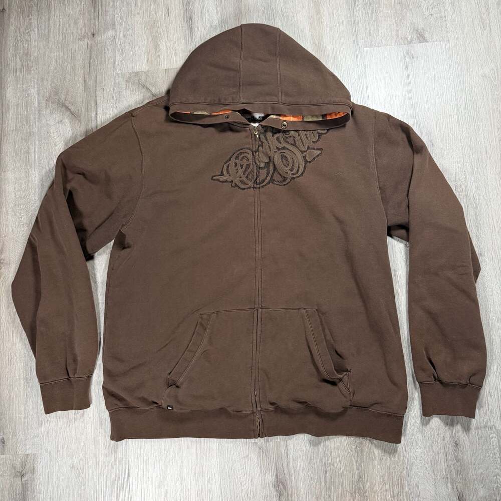 Y2K Quiksilver Men's Brown Graphic Full-Zip Hoodie Plaid Fleece Lining XL